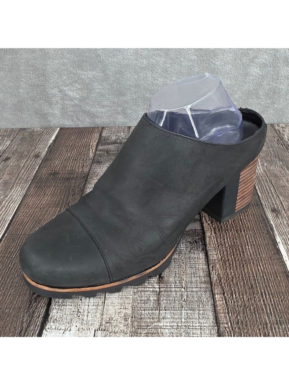 Sorel Addington Mules 11 Black Leather Waterproof Stacked Wooden Heel 90s Boho